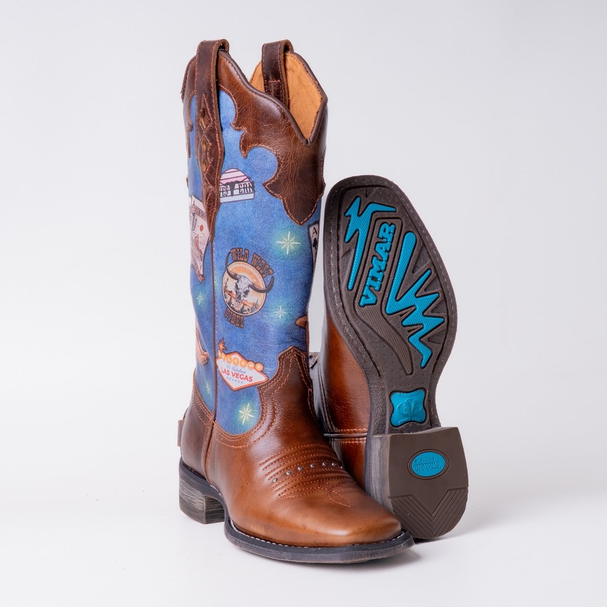 Bota Feminina Country Vimar Estampa Azul/ Atlanta Cafe em Couro Legítimo | Bico Redondo — Edição Limitada