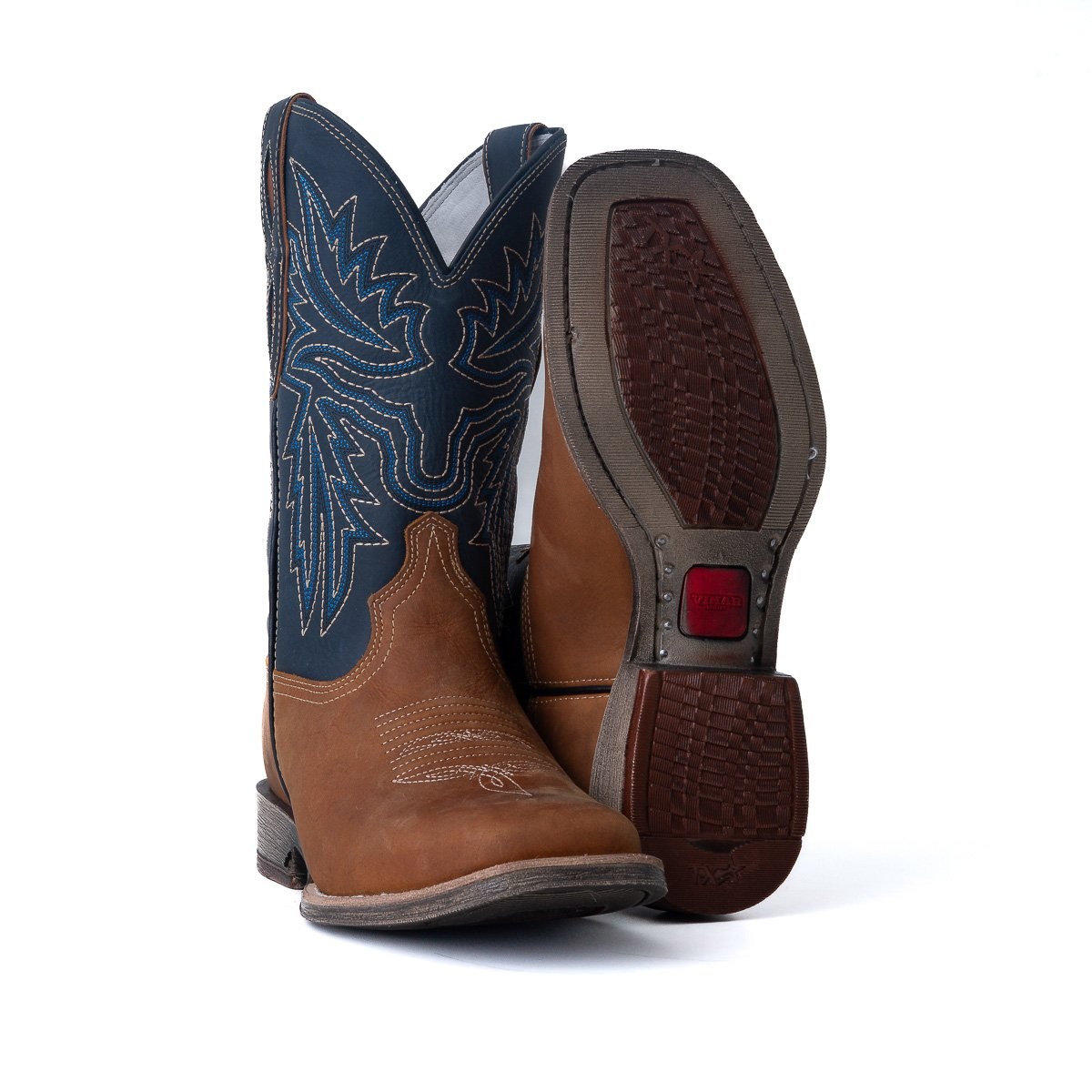 Bota Masculina Country Vimar Dallas Bambu/ Dallas Marinho em Couro Legítimo | Bico Redondo — Edição Limitada