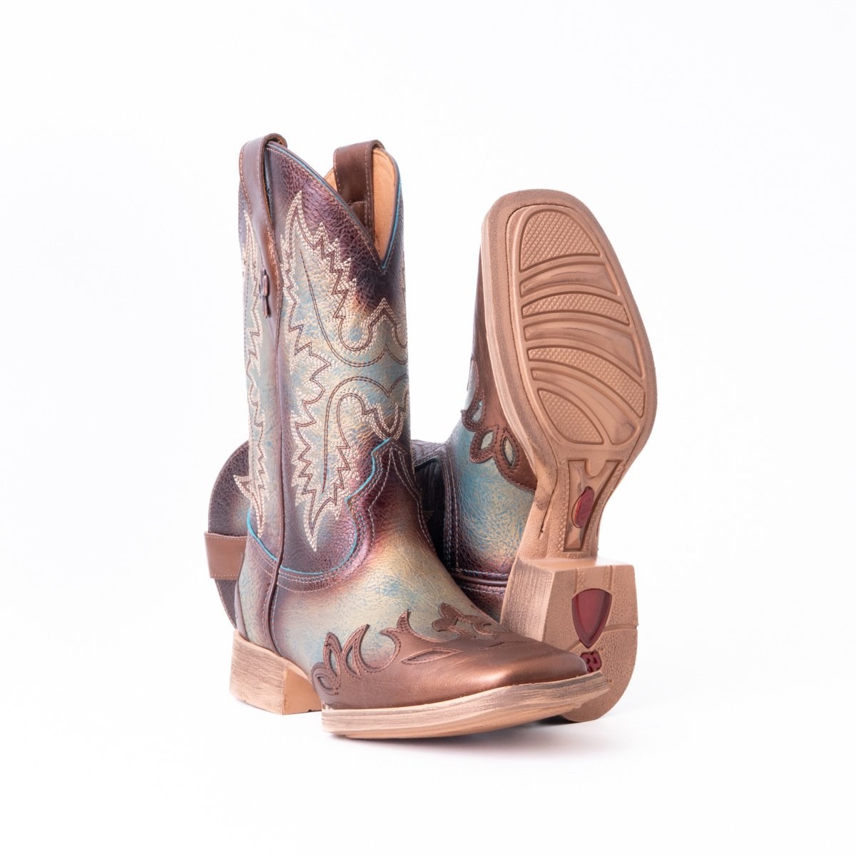 Bota Feminina Country Vimar Metal Chocolate/ Fossil Flex Azul em Couro Legítimo | Cano Médio — Edição Limitada