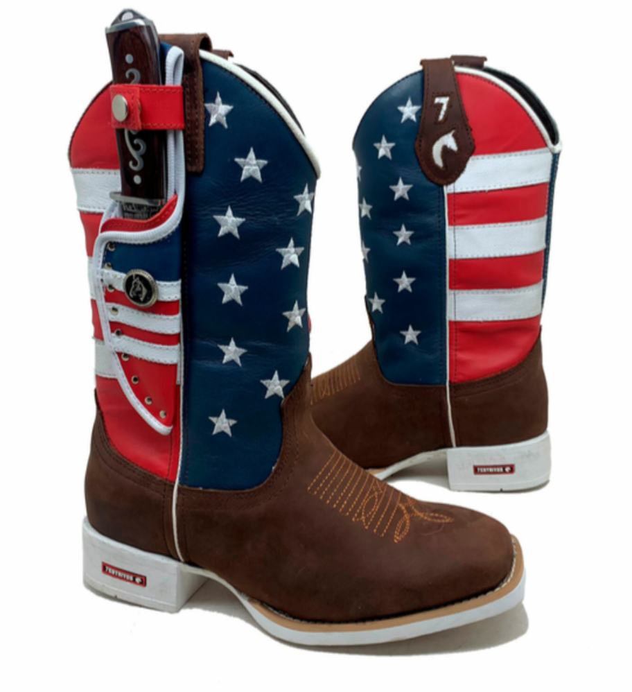 Bota Texana Masculina Americana Bandeira USA | Sola Branca com Bainha e Faca