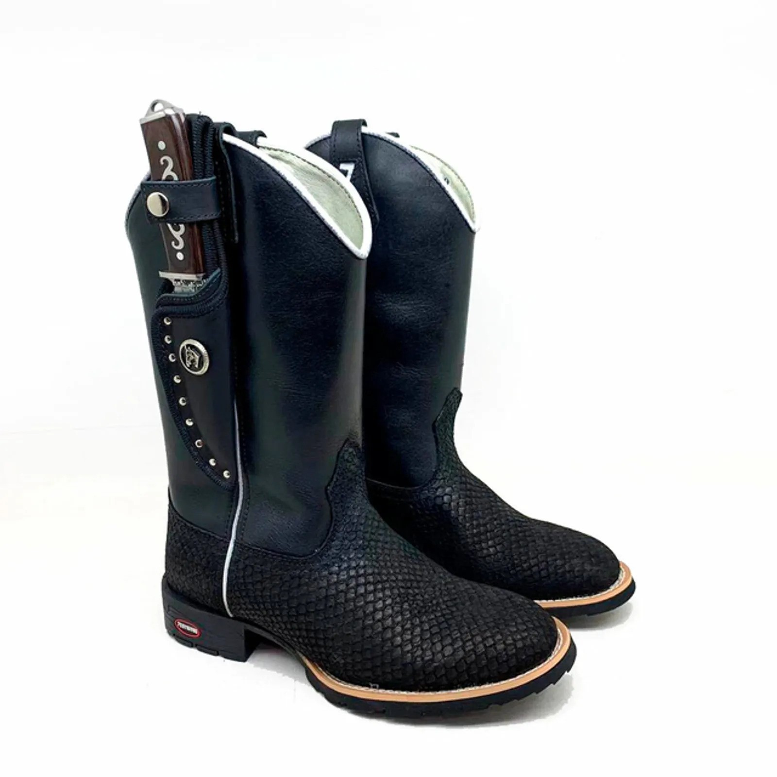 Bota Texana Masculina Couro Tilápia Bico Redondo | Kit Bainha e Faca Artesanal