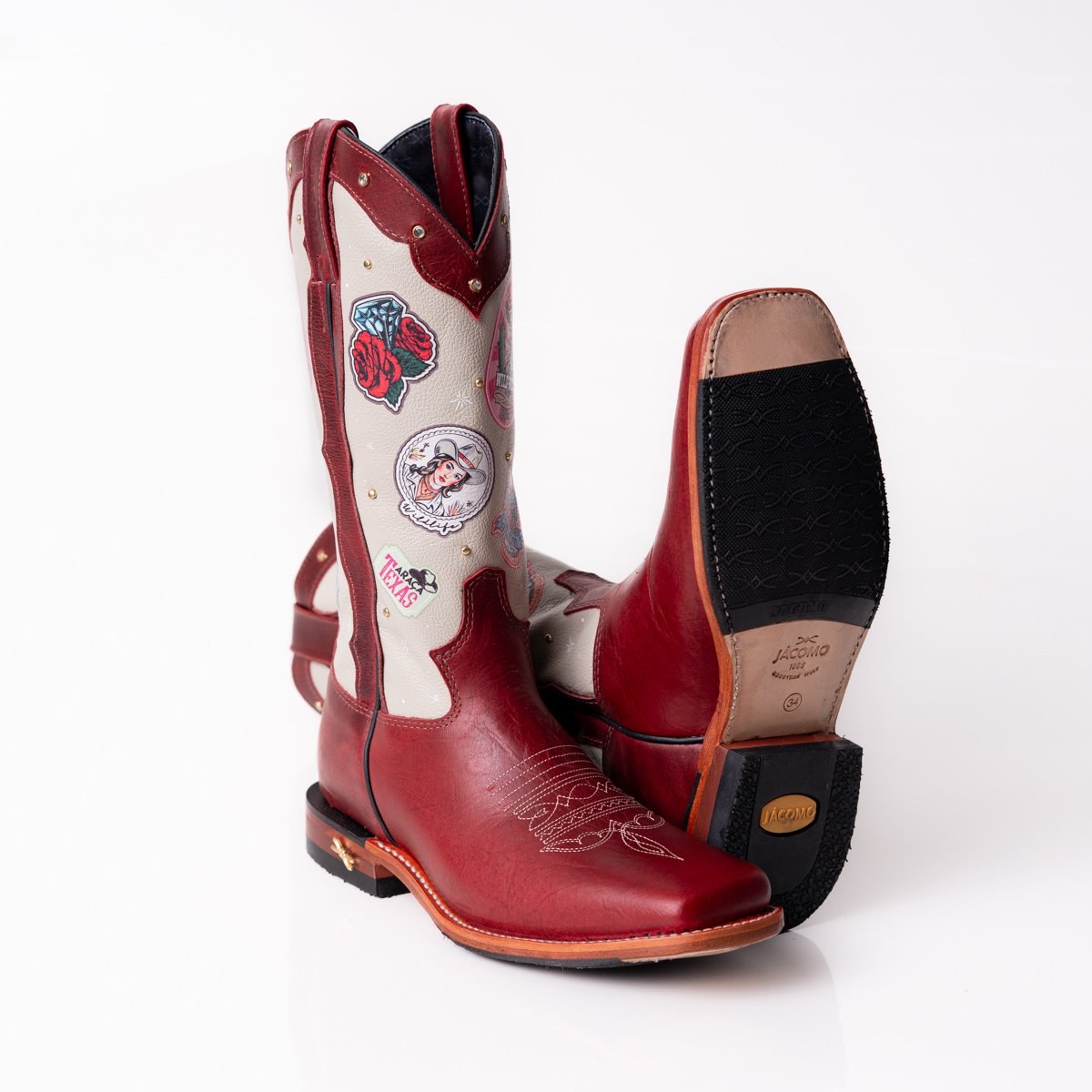 Bota Feminina Country Jácomo Fossil Vermelho/ Napa Marfim em Couro Legítimo | Cano Médio — Edição Limitada