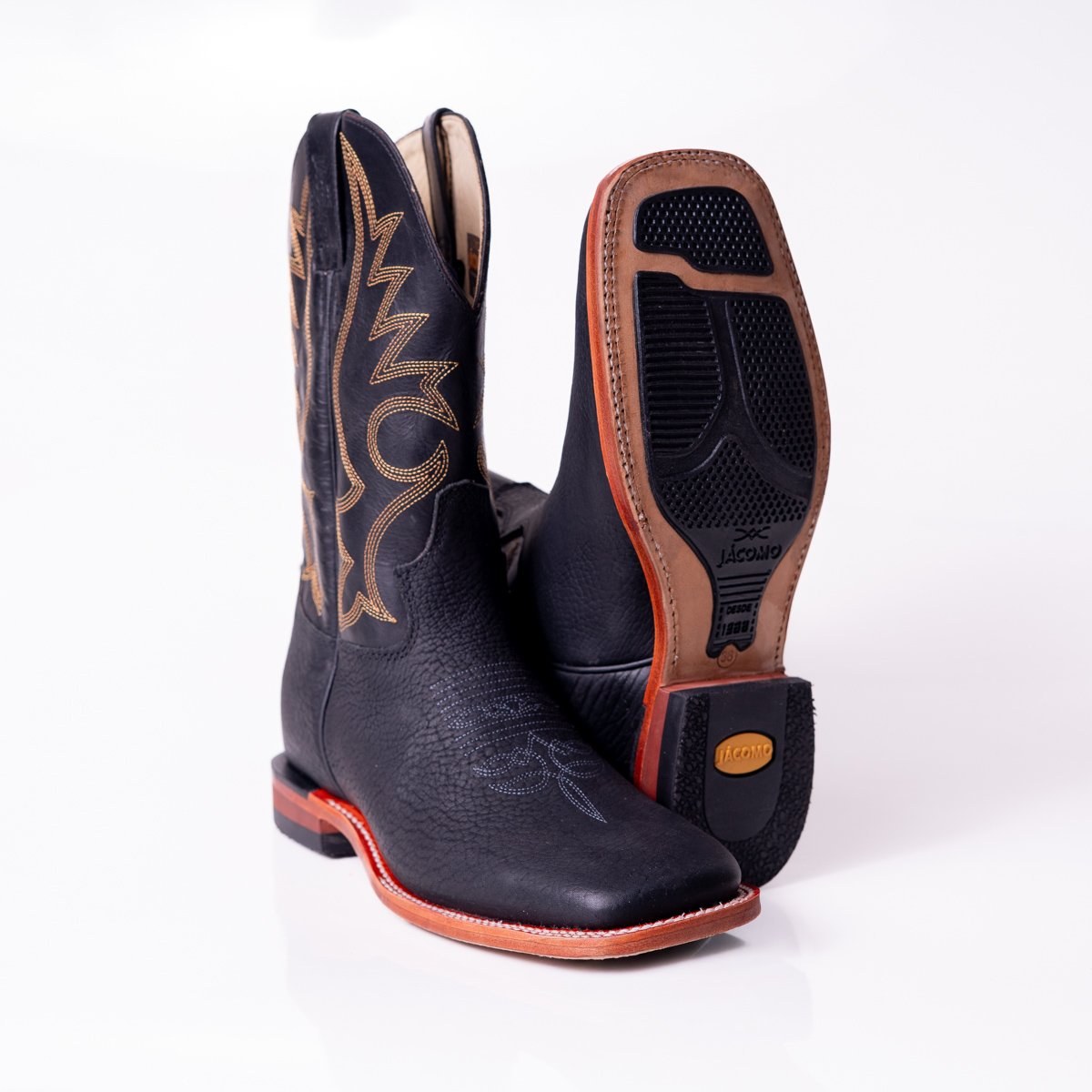 Bota Masculina Country Jácomo Cabeça Preto/ Fossil Oil Preto em Couro Legítimo | Bico Redondo — Edição Limitada